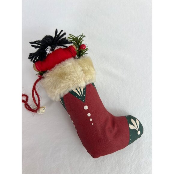 VTG Hand Painted Primitive Style Christmas Stocking Ornament With Doll & Greener - Picture 2 of 4